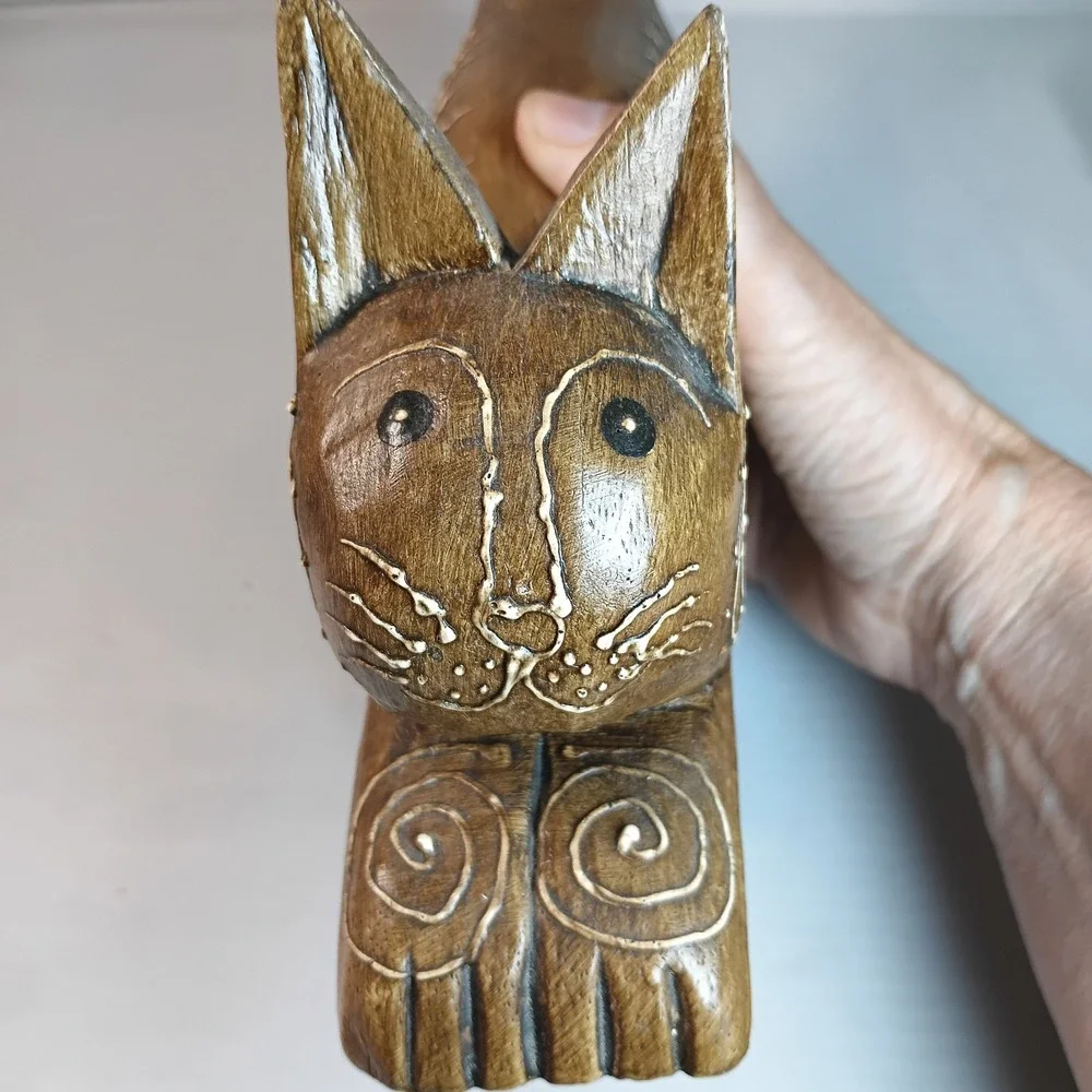 Vintage Hand Carved Wood Stretching Cat Feline From Indonesia 10.5